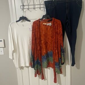 Multicolor Tie-Dye gauzy Cardigan with White Top and Dark Jeans 26w / 3x set
